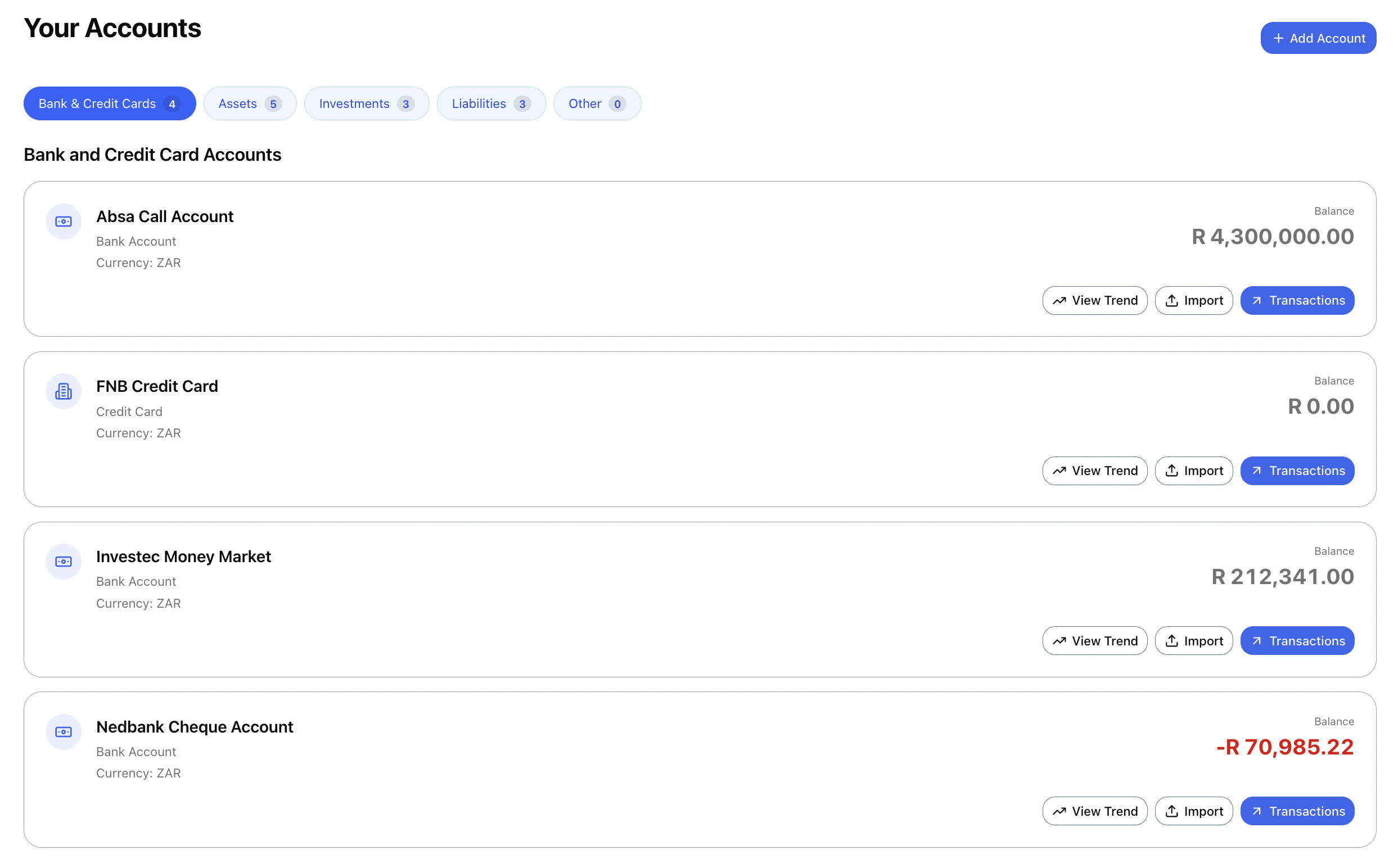 Your Accounts โ every balance in one place, sorted by type.