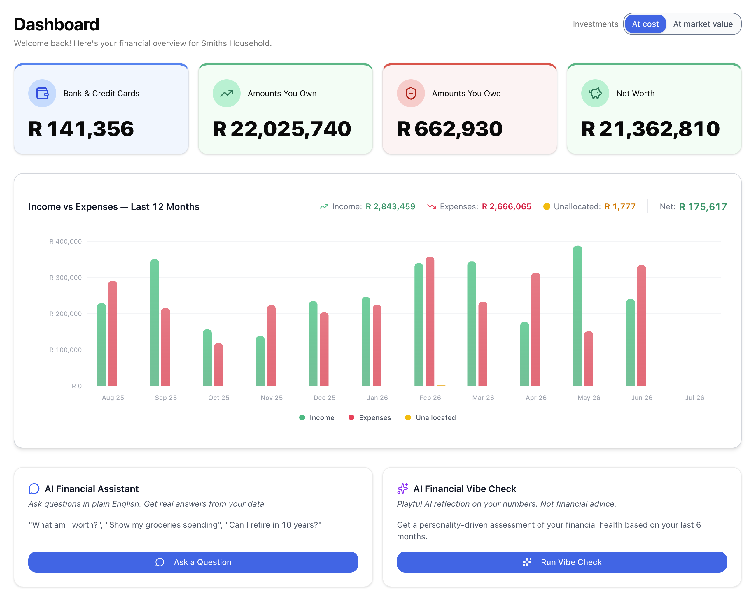The Dashboard โ your top totals, income vs expenses, the two AI helpers and your accounts by type.