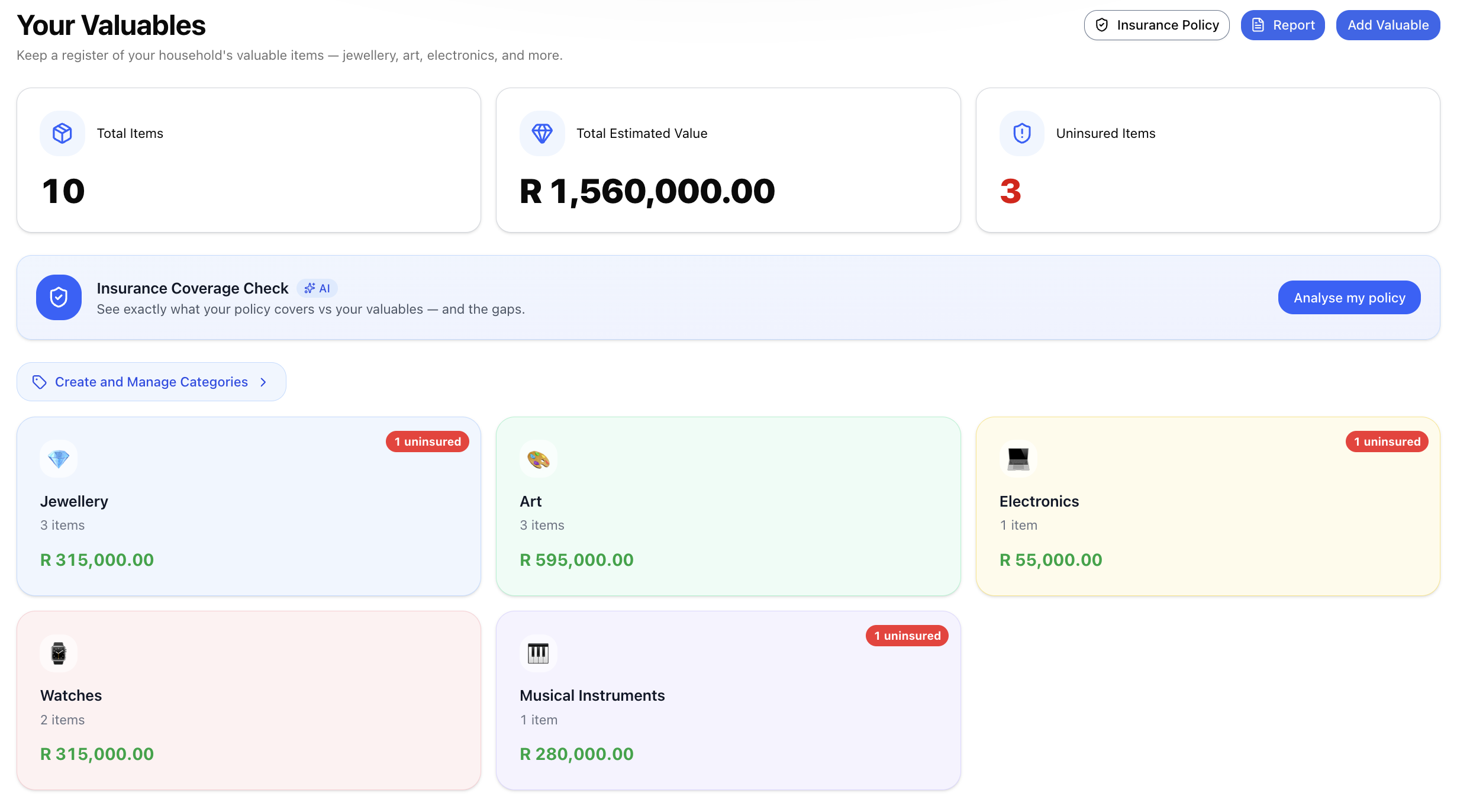Your Valuables โ totals, the coverage check, and your things grouped by type.
